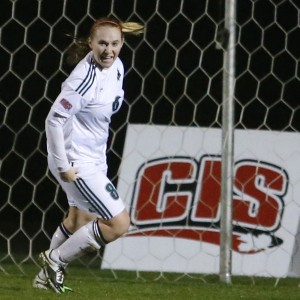 Shelby Beck celebrates after scoring the game-winning goal on Friday vs. the Alberta Pandas.