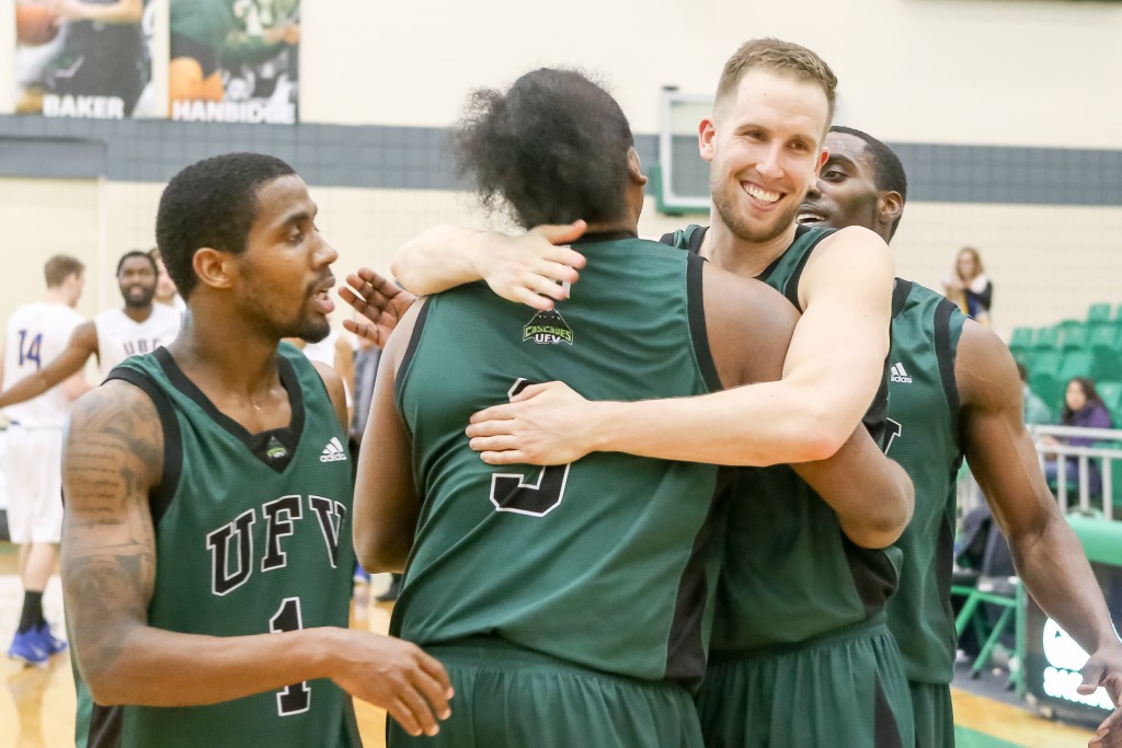 Dominique Brooks, Nate Brown, Jasper Moedt and Kadeem Willis (from left) celebrated after winning the Canada West bronze medal. (Josh Schaefer Photography)