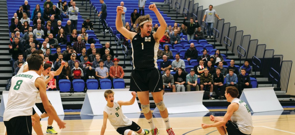 Evan Bell-Foley (centre), who helped the Earl Marriott Mariners win back-to-back B.C. AAA high school championships, is part of the UFV men's volleyball program's 2015 recruiting class.