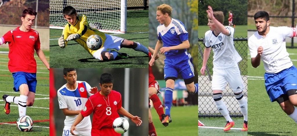 Stephen McMahon, Ryan Venn, Max Morgan, Brady Weir, Amir Basra and Brady Lopez are part of the UFV men's soccer team's 2015 recruiting class.