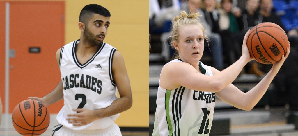 Manny Dulay (left), Katie Brink and the Cascades basketball teams will spend one more season in the Explorer Division before Canada West realigns to a single 17-team division in 2016-17.