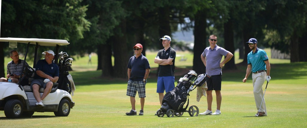 PGA Tour rookie Adam Hadwin shares a laugh with his playing partners during Monday's UFV Cascades Pro-Am.