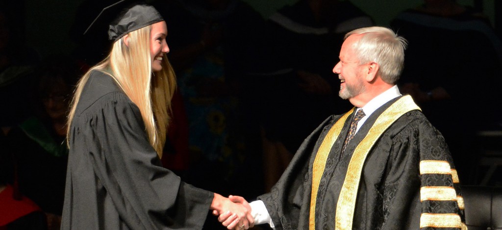 Kayla Unger (nee Bruce) led the Cascades women's volleyball team to a CCAA national title in 2013. She received her Certificate in Teacher Education (secondary school stream) on Thursday.