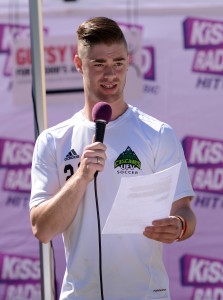 James Najman addresses the crowd at Sunday's Abbotsford Gutsy Walk. The third-year striker on the UFV men's soccer team was diagnosed with Crohn's disease at age 11.