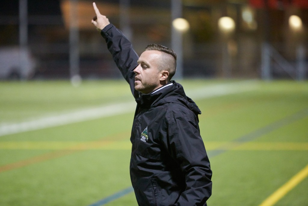 Tom Lowndes coaches his first Canada West regular season game as Cascades head coach on Saturday. (Tree Frog Imaging photo)