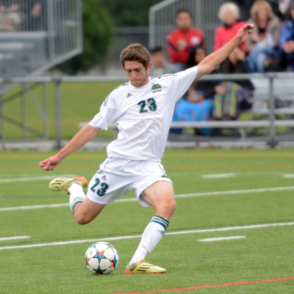 Rookie midfielder Dylan McCrindle gets set to launch a shot during Friday's home game vs. UBCO.