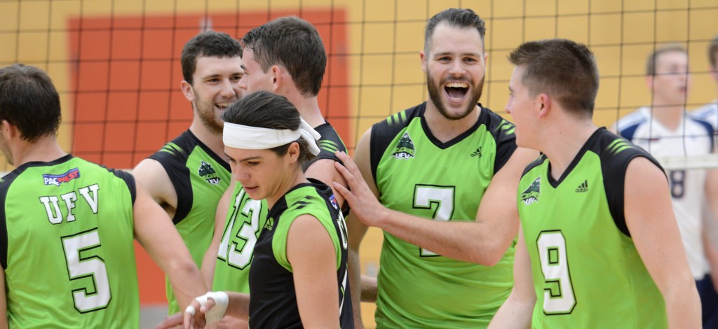 Dayton Pagliericci (7) and the Cascades men's volleyball team had plenty to cheer about on Saturday, as they beat the CBC Bearcats in three straight sets.