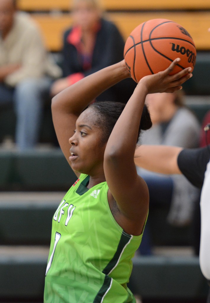 UFV rookie forward Natajia McMillan looks for an open teammate on an inbounds play.