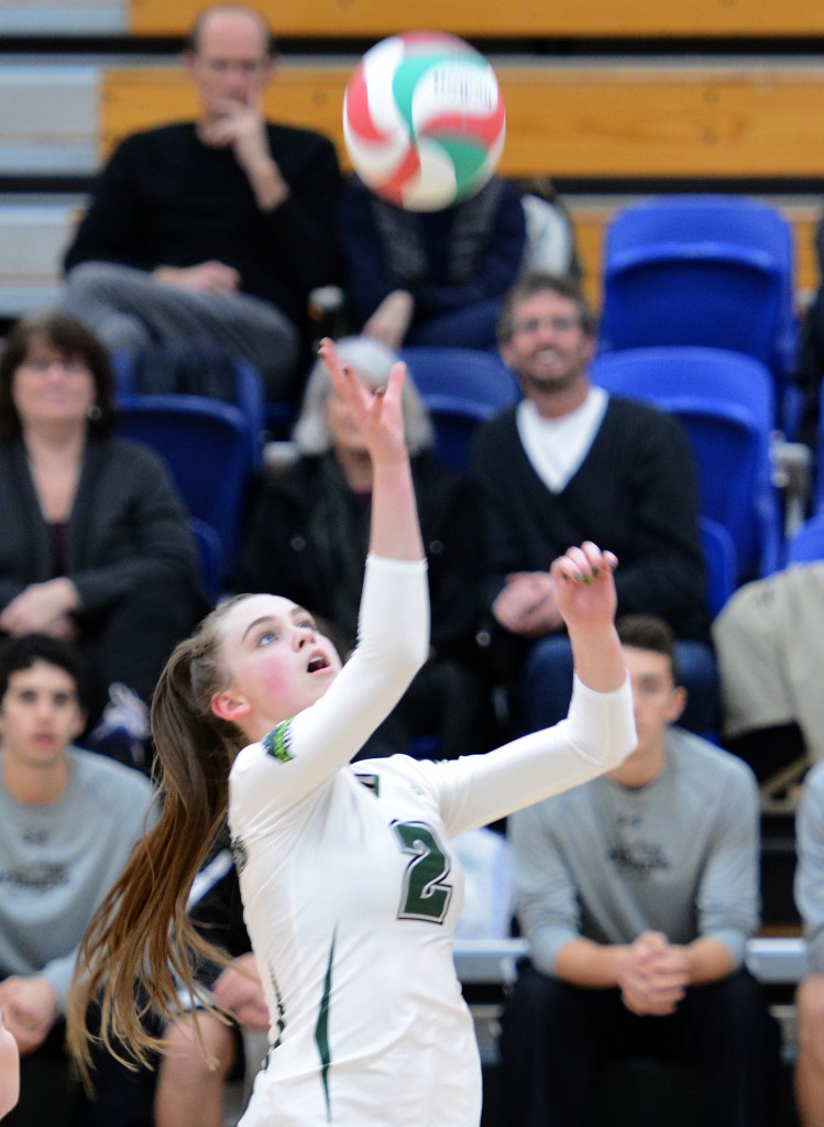 Chelsea Kidd of the Cascades goes up to tip the ball over the net during Friday's home game vs. VIU.