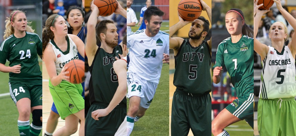 Dayle Jeras, Danielle Vanbergen, Jasper Moedt, Kree Byrne, Vijay Dhillon, Kara Delwo and Sarah Wierks comprise the Cascades' CIS Academic All-Canadian class of 2014-15.