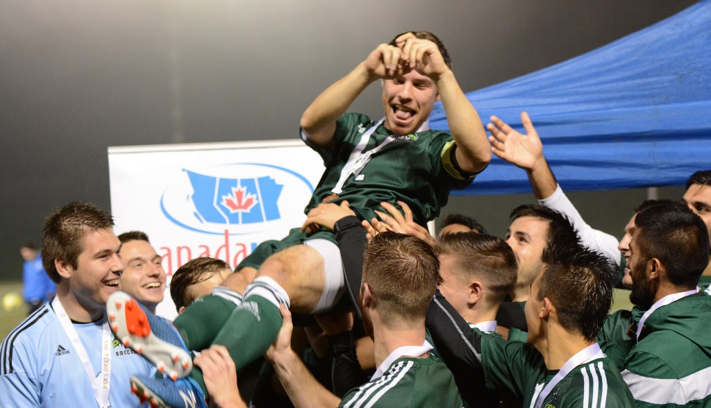 Cascades captain Colton O'Neill was hoisted on the shoulders of his teammates after Saturday's win in the Canada West bronze medal game.