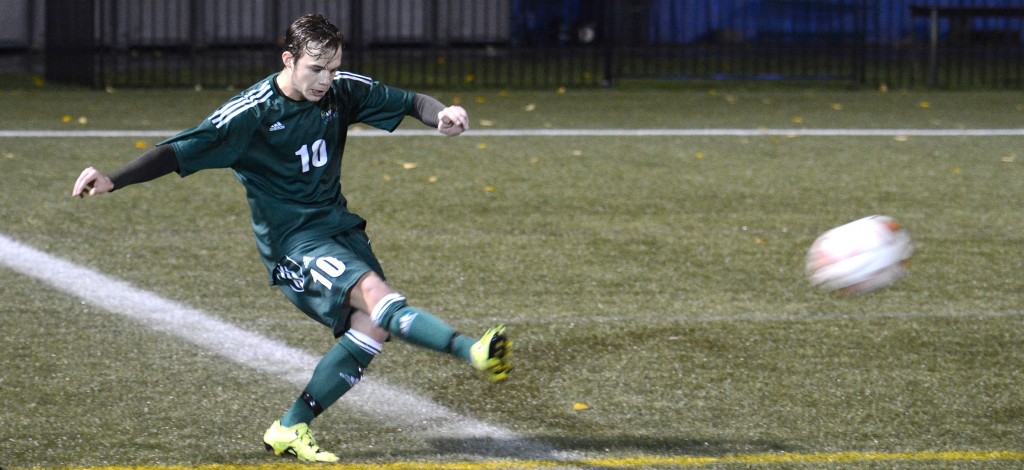 Cascades midfielder Mason Thompson unleashes a free kick during the first half on Saturday.