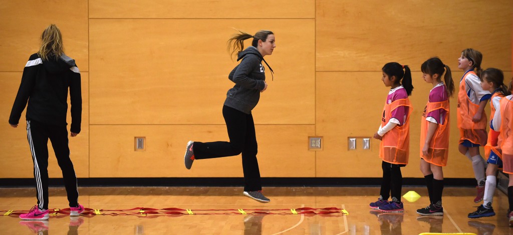 Cascades goalkeeper Emily Harold demonstrates a drill for participants at last weekend's BC Soccer Futsal Festival. (Peter Lonergan photo / BC Soccer)