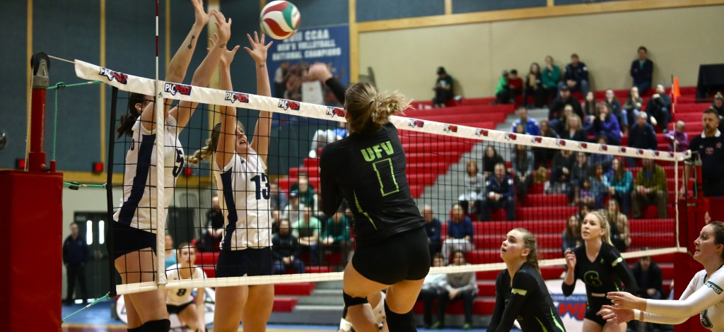 Kelly Robertson takes a swing against the Capilano Blues during Saturday's PacWest bronze medal game. (Photos courtesy CBC Bearcats)