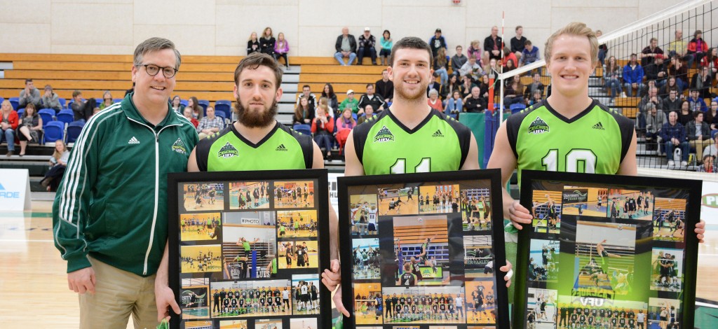 Cascades fifth-year players Adam Chaplin, Robert Bauerfind and Connor Nickel were honoured in a pregame Senior Night ceremony with UFV athletic director Steve Tuckwood.