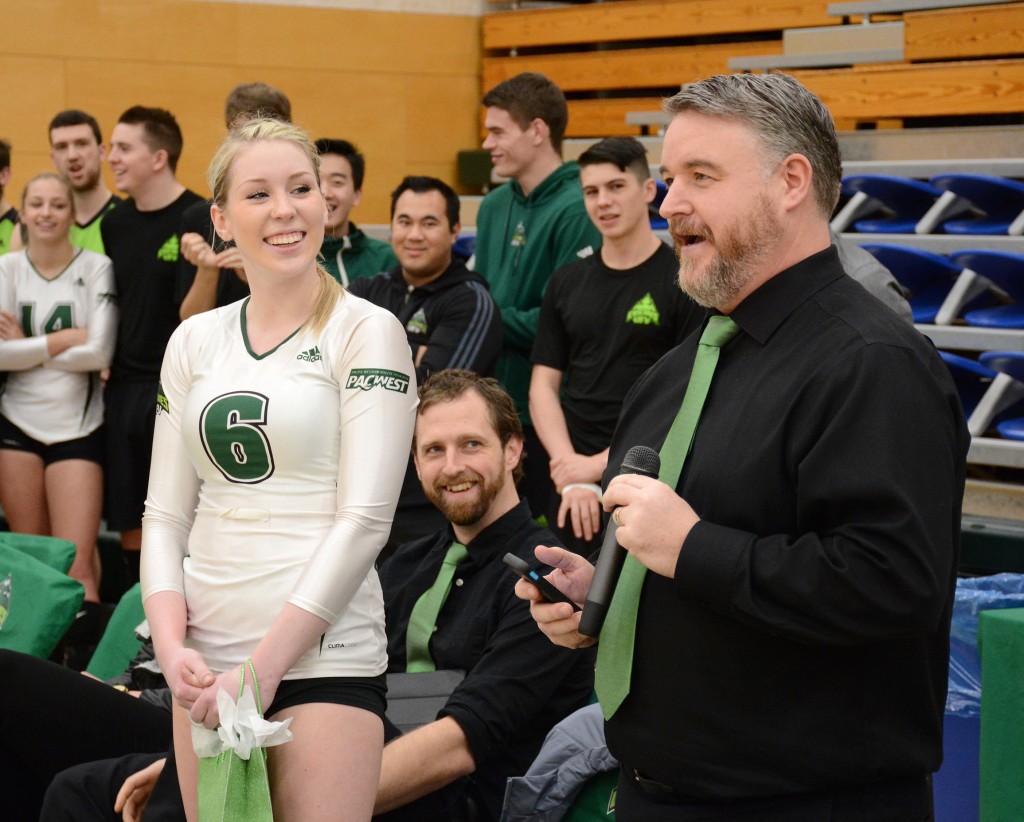 Head coach Mike Gilray spoke about Nicole Blandford during Senior Night ceremonies.