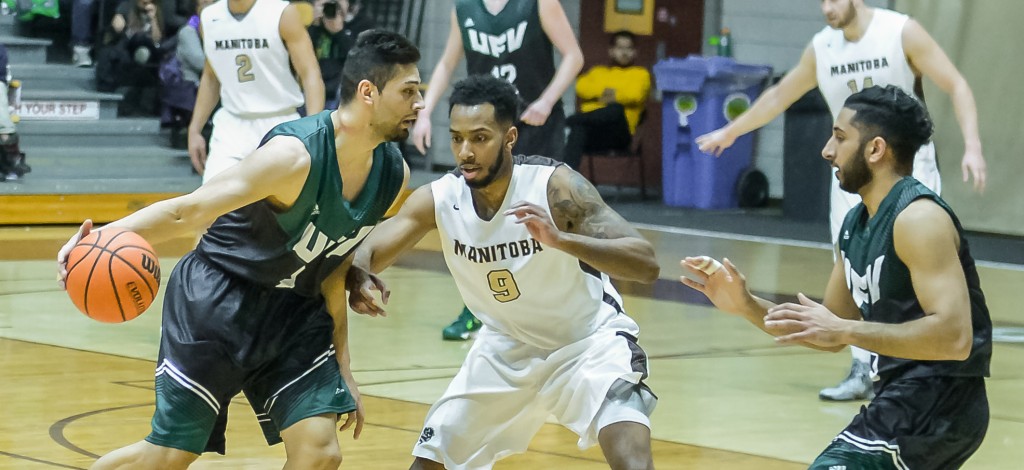 Nav Bains of the Cascades looks to get the ball to teammate Vijay Dhillon during Thursday's playoff opener vs. Manitoba. (Photos courtesy Tara Miller / Bison Sports)