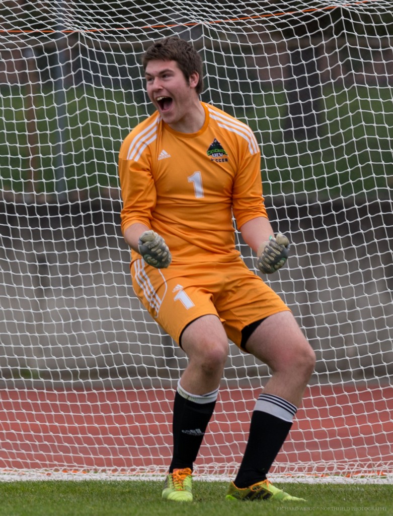 Cascades keeper Alex Skrzeta celebrates after his save ended an epic 17-round penalty shootout vs. UBC in the semifinals of the Keg Spring Classic on Saturday. (Photo courtesy Northfield Photography)