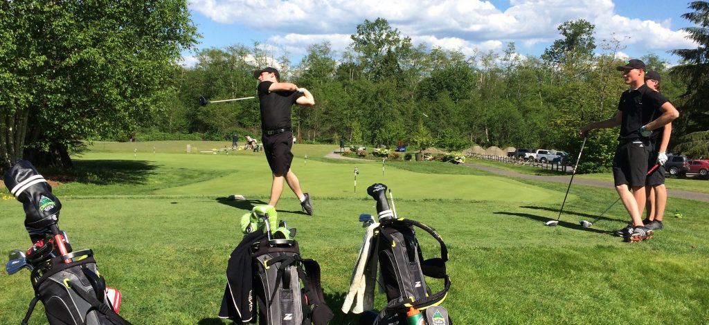 The Cascades' Connor McLellan tees off to open Monday's playoff with teammates Kaleb Fisher and Zach Olson at the Cardinal Classic tournament. Fisher prevailed on the fourth hole.