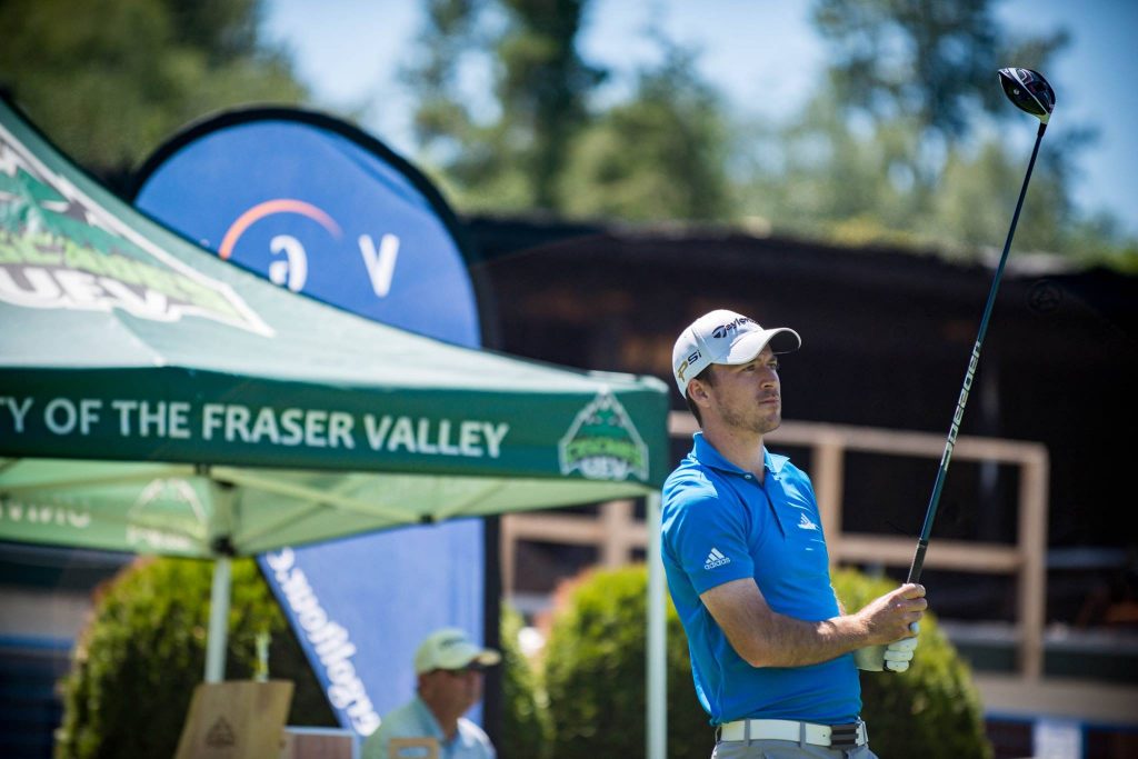 Nick Taylor readies himself at the first tee at Ledgeview on Friday. (Darren McDonald /UFV photo)