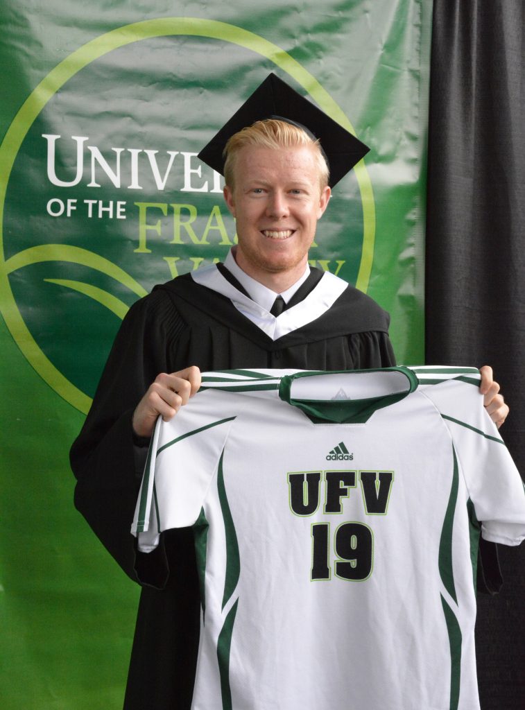 Ryan Liddiard came prepared for convocation photos - he brought one of his old Cascades men's soccer jerseys.