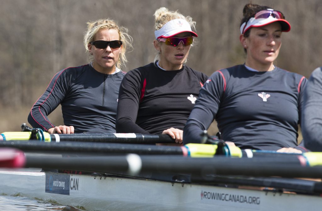 Lisa Roman (left) trains with members of the 2016 Canadian Olympic women's eight team at Lake Fanshawe in London, Ont. earlier this year. (Kevin Light / Rowing Canada photo)