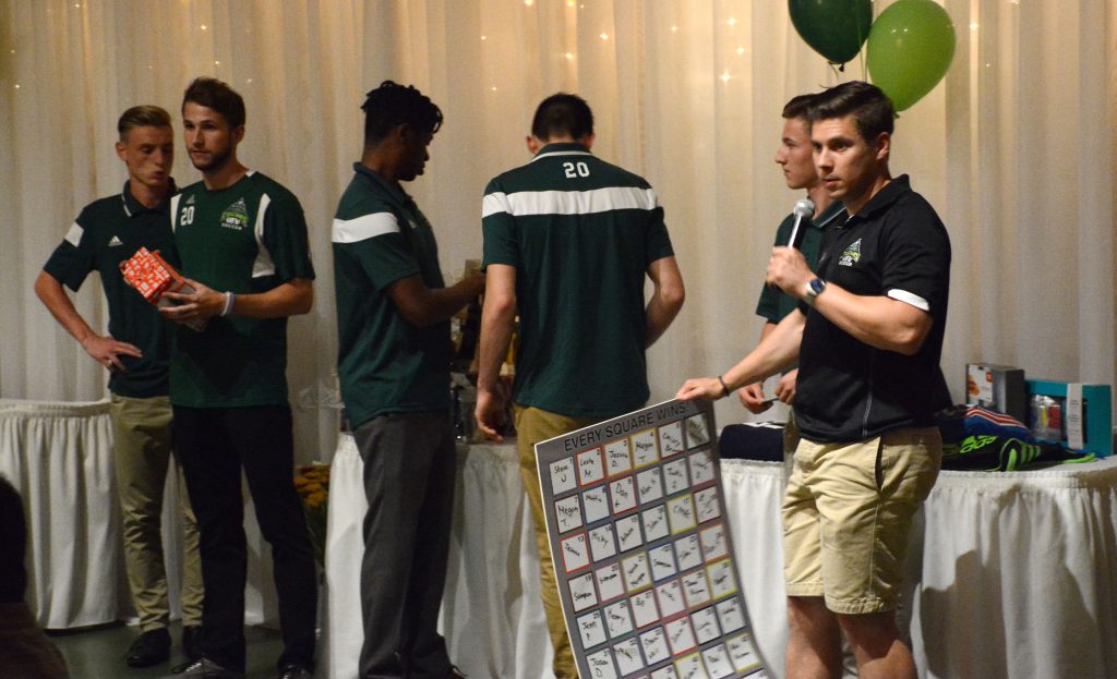 Cascades men's soccer alum Trevor O'Neill (right) was the master of ceremonies at the UFV men's soccer fundraising dinner on Saturday.