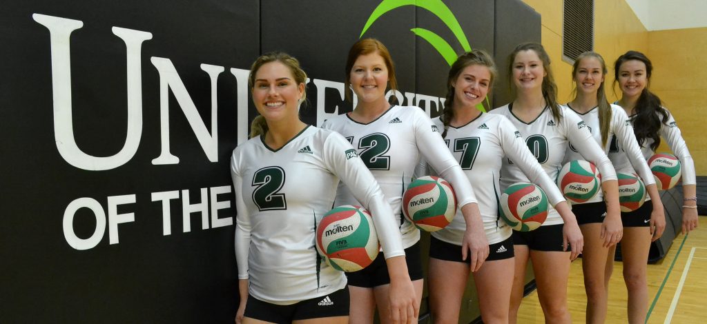 The UFV women's volleyball recruiting class for 2016 includes (from left) Shaylene Reimer, Kim Bauder, Jessica Funk, Cassidy Pearson, Hannah Hieltjes and Amanda Matsui. Not pictured is Teagan Johnstone.