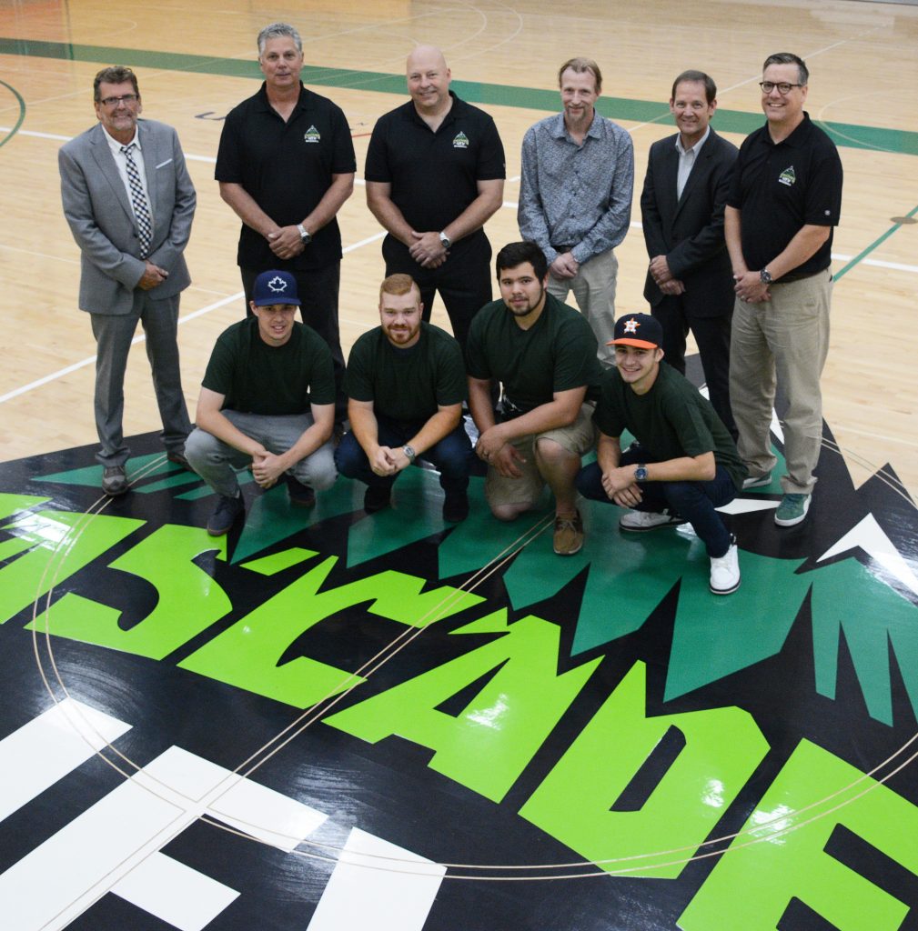 Stakeholders came together on Tuesday to celebrate the launch of the Cascades Baseball Club, which will play in the CCBC in 2016-17. Top row: Cascades Baseball Club organizing group members Brian Finnie, Shawn Corness, Lee Rogers, Barry Douglas and Larry Krause, and UFV athletic director Steve Tuckwood. Bottom row: Future Cascades players Liam Campbell, Ryan Green, Emilio Foden and Mitch Taylor.