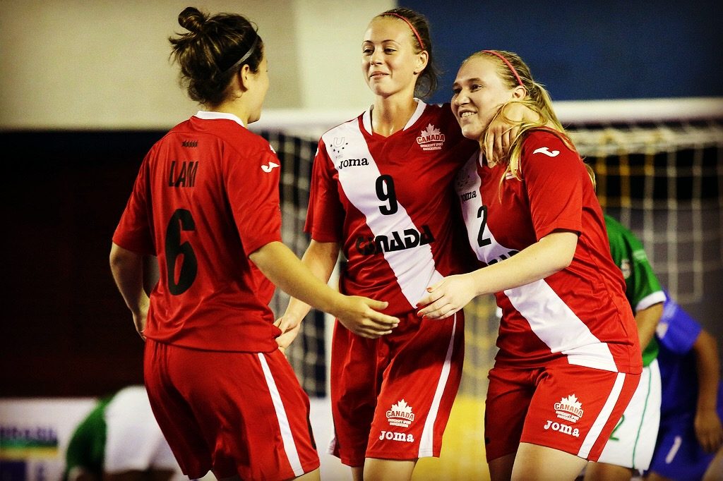 Shelby Beck (right) scored Canada's fourth goal in a 4-1 win over Bolivia on Tuesday. (FotoJump / wucfutsal2016.com)