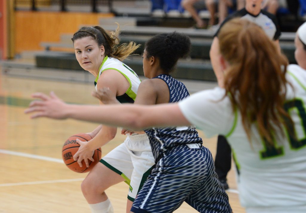 Cascades point guard Kate Head looks to thread a pass into the post to Taylor Claggett during Friday's exhibition tilt with Florida Atlantic.