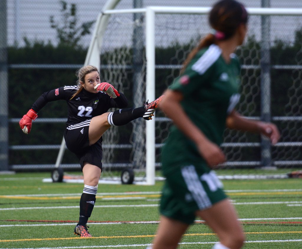 Emily Harold handled the goalkeeping chores for the Cascades in the first half against St. Martin's on Thursday.