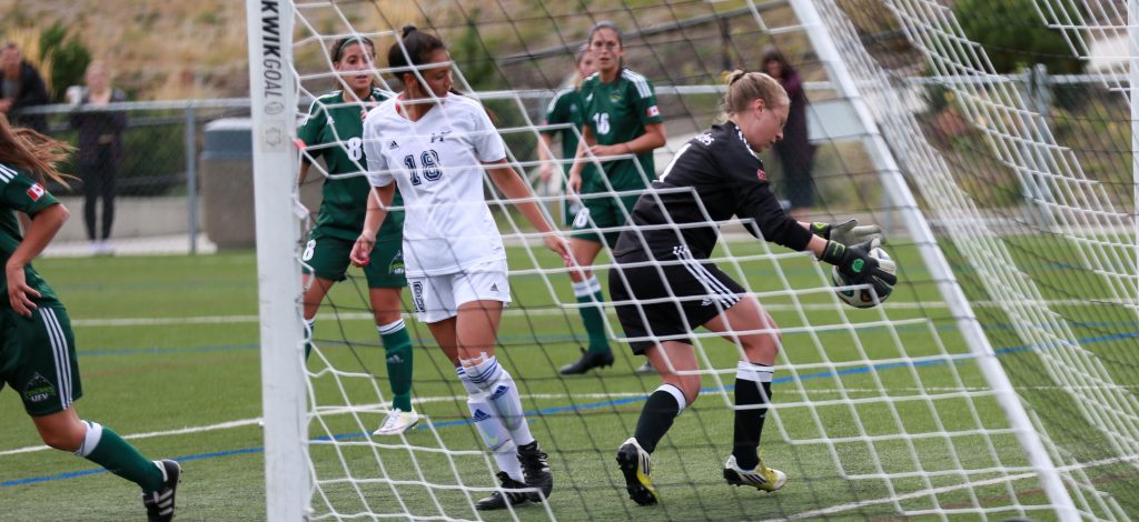 Fifth-year keeper Kayla Klim was at her sure-handed best in a 2-0 win over UBC Okanagan on Saturday. (Photo courtesy Cary Mellon / UBC Okanagan Athletics)