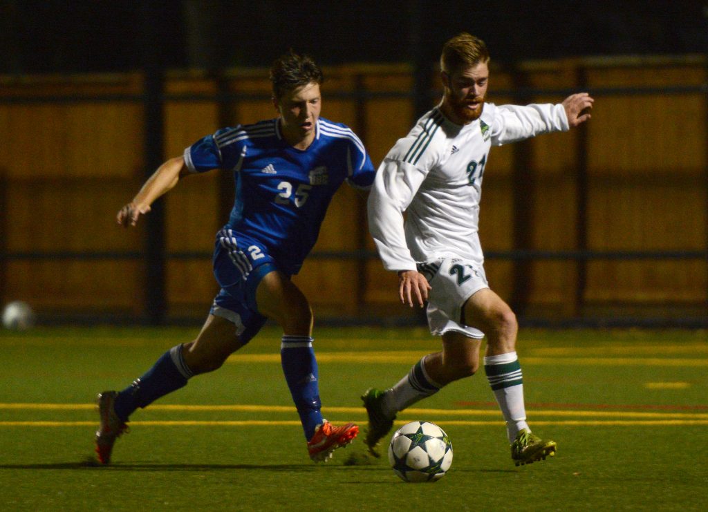 James Najman (right) was the UFV goal-scorer in Saturday's pivotal road win over UBCO. (UFV Cascades file photo)