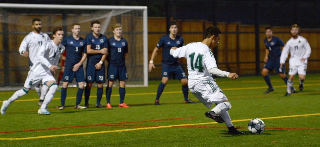 Connor MacMillan (14) and the Cascades men's soccer team are looking to secure a playoff berth this weekend.