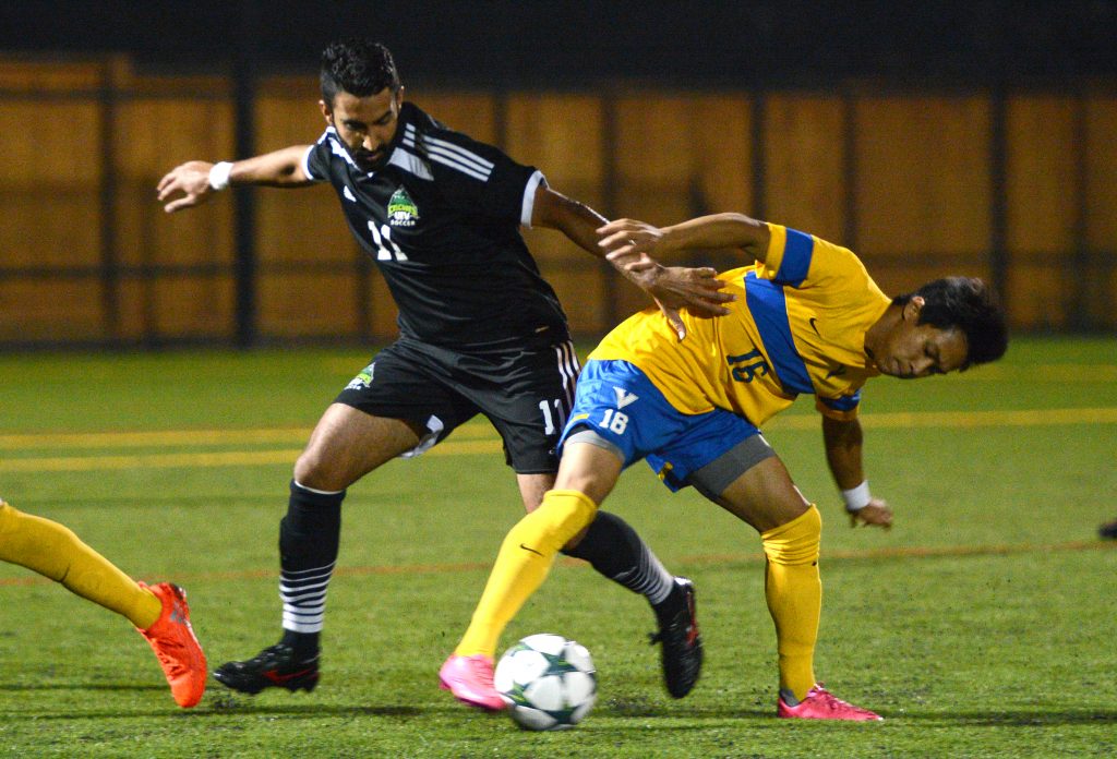 Justin Sekhon (left) scored the Cascades' third goal in Saturday's win over UVic.