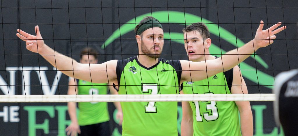 Dayton Pagliericci (7) and Joel Kleingeltink (13) are seasoned veterans on this year's edition of the Cascades men's volleyball team.