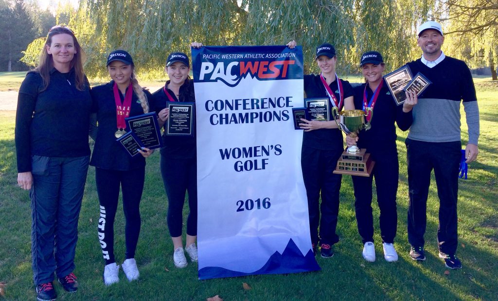 The Cascades women's golf program celebrated a PacWest championship on Sunday. From left: Assistant coach Jennifer Greggain, Sharon Park, Ciara Melhus, Jennifer Kell, Hannah Dirksen, head coach Chris Bertram.