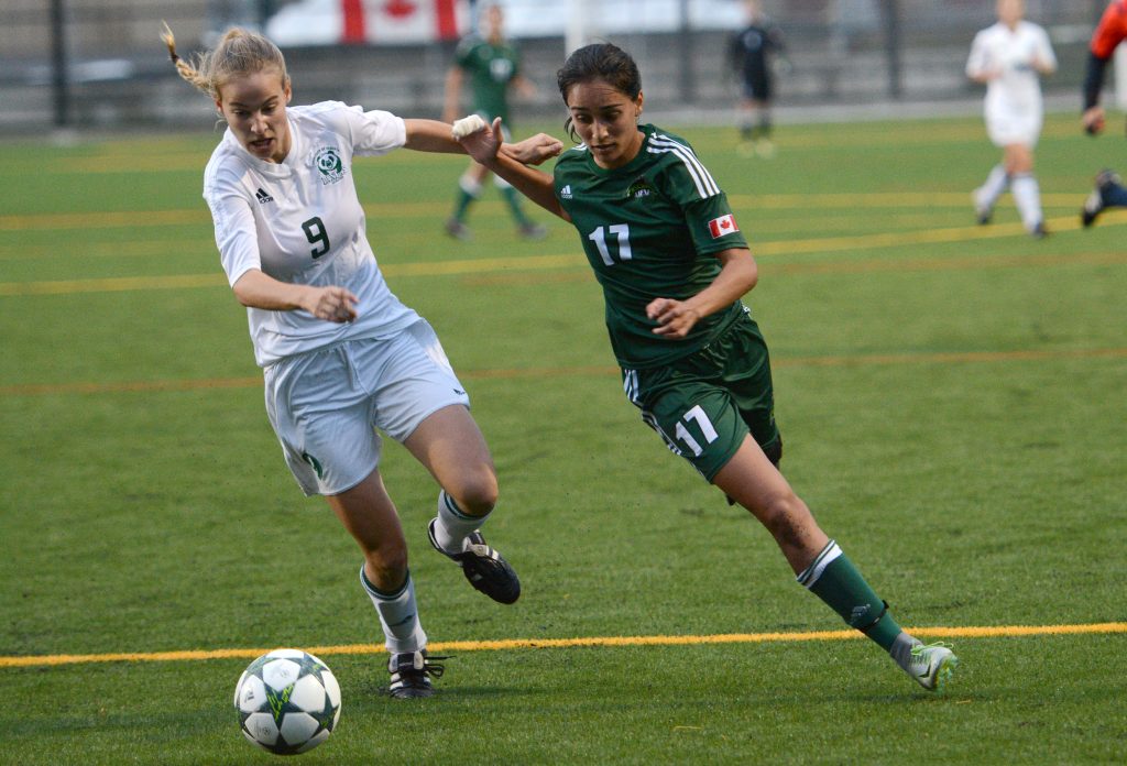 Gurneet Dhaliwal (right) had a strong game on Saturday, assisting on UFV's first goal.