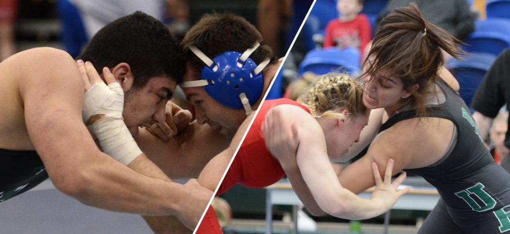 Brad Hildenbrandt (far left) and Pravi Dhaliwal (far right) are among the veteran leaders for a relatively youthful Cascades wrestling program in 2016-17.