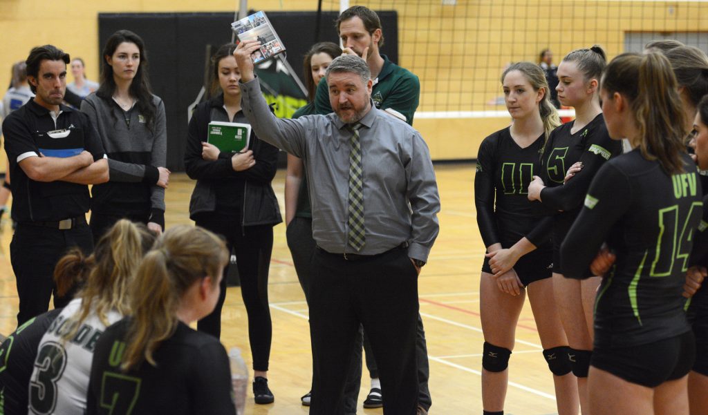 Head coach Mike Gilray offers the Cascades some words of wisdom during a recent home game. The Douglas Royals completed a weekend sweep of the UFV squad on Saturday.