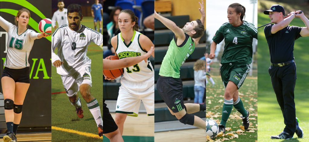 Kara Williams, Sukh Dhaliwal, Amelia Worrell, Nick Bruce, Amber Korner and Cole Briggs (from left) are among the UFV student-athletes who were honoured by U Sports or the CCAA for their academic achievements in 2015-16.