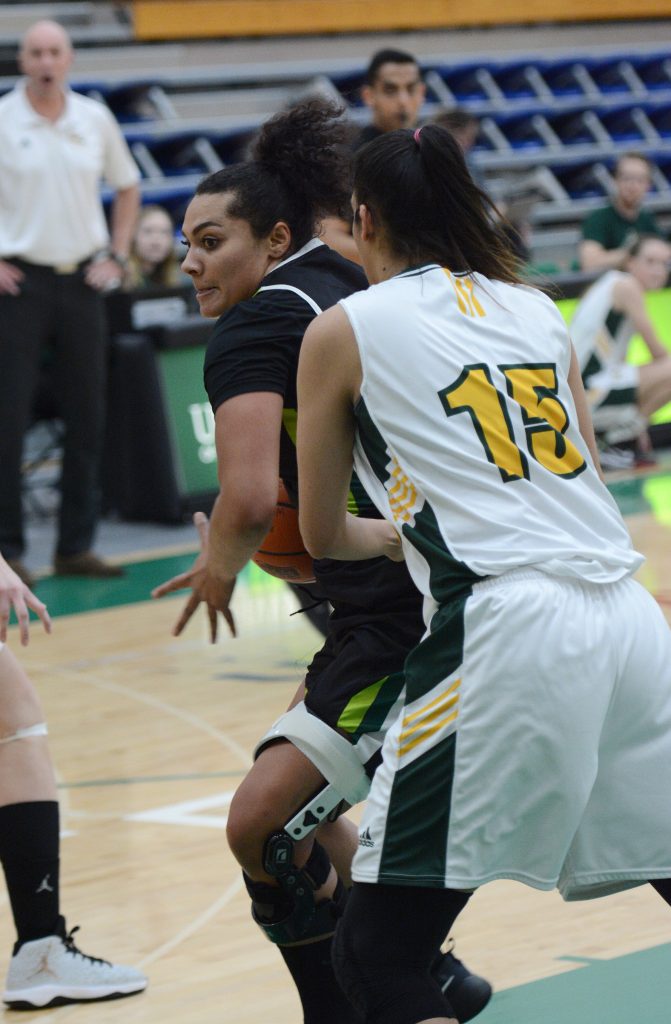 UFV centre Shayna Litman operates in the post against UNBC.