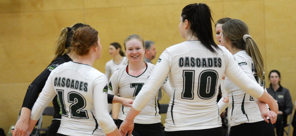 Rachel Funk (7) and the Cascades celebrated a victory over College of the Rockies on Saturday.