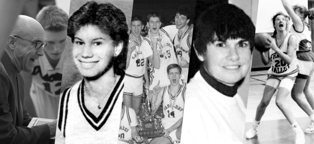 Pat Lee, Carolyne Lucy, the 1987-88 men's basketball team, Jane Antil, and Tracy MacLeod (from left) will be celebrated on Jan. 6 as inaugural members of the Cascades Hall of Fame.